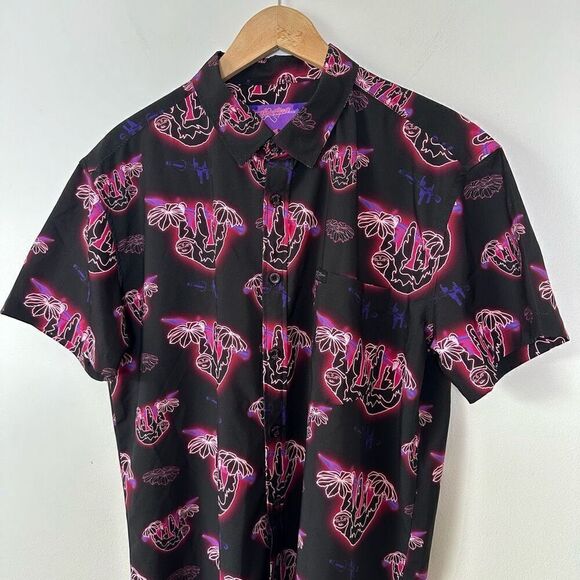 Retro Rifle Men’s Black Pink Neon Slow N Steady Sloth Button Down Shortsleeve Sh - Picture 10 of 10